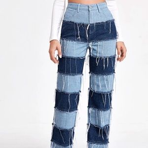 Fringed Two-Tone High Waisted Jeans